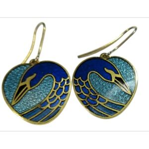 Vintage Roman Cloisonné Swan Dangle Drop Earrings Blue Teal Gold Silver Ear Wire